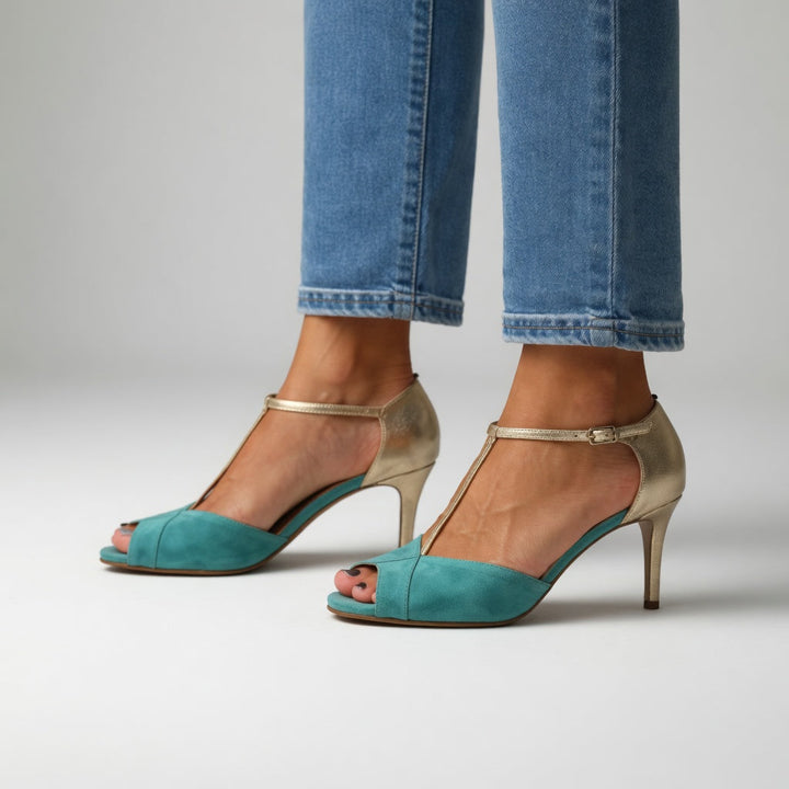Roksana™ — Dvoubarevné turquoisové a zlaté sandály na jehlovém podpatku s elegantním vzhledem