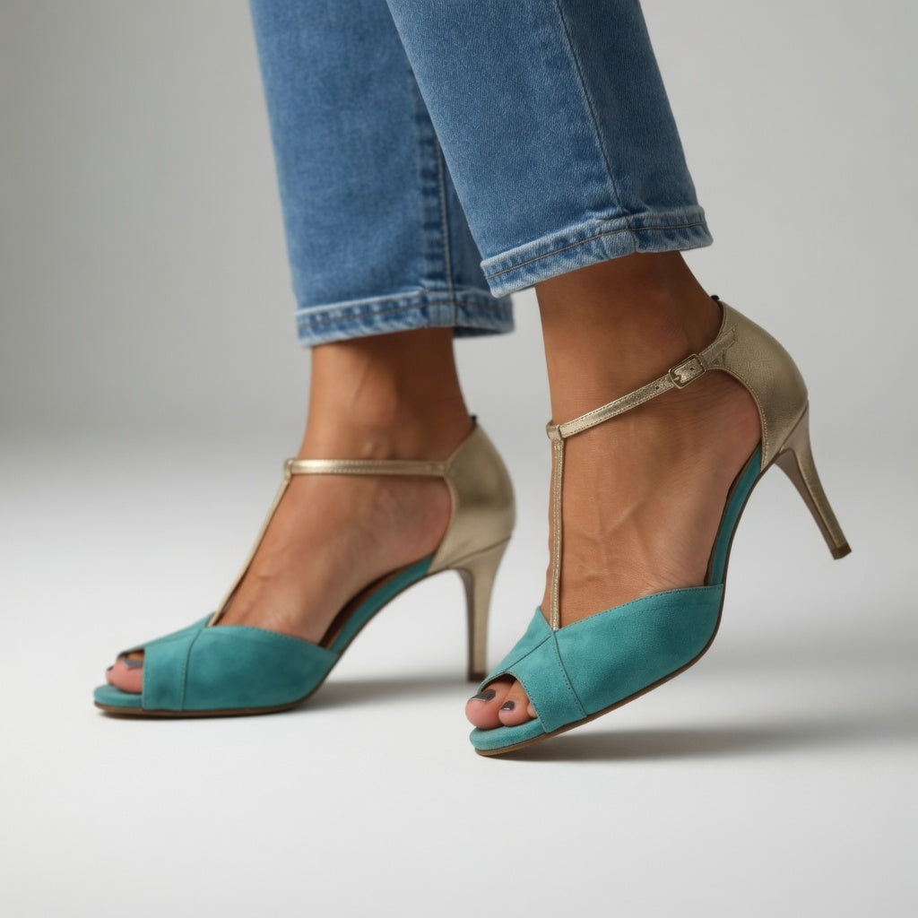 Roksana™ — Dvoubarevné turquoisové a zlaté sandály na jehlovém podpatku s elegantním vzhledem