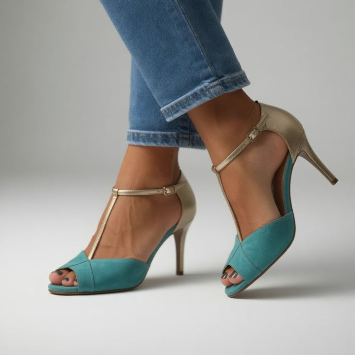 Roksana™ — Dvoubarevné turquoisové a zlaté sandály na jehlovém podpatku s elegantním vzhledem