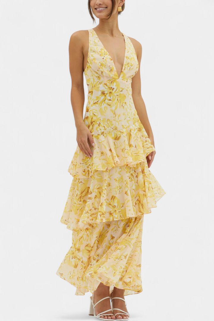 Domenica - Šaty z chiffon s výstřihem do V a volnými vrstvami
